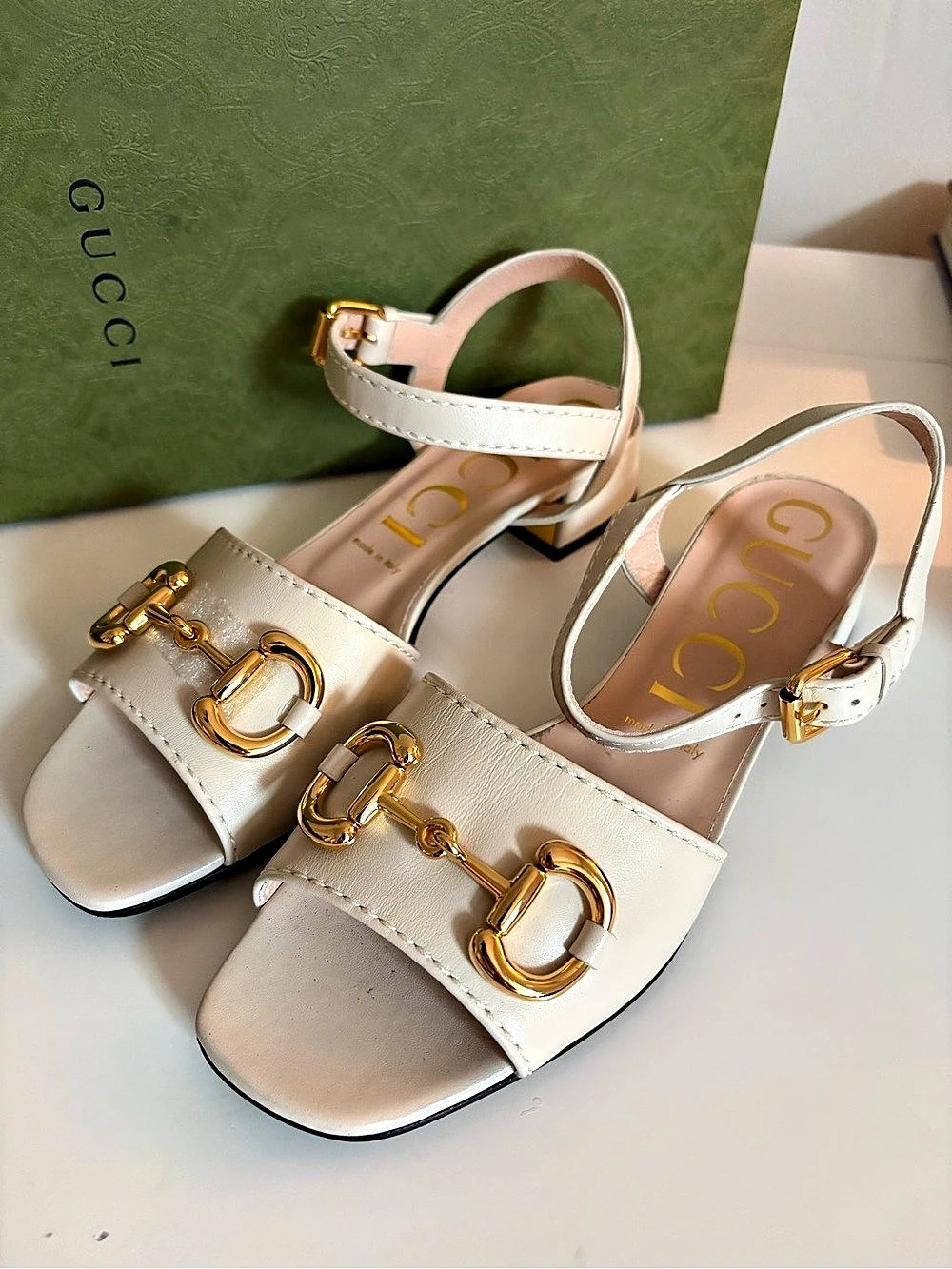 Gucci Women's Horsebit Block Heel Sandal White US 9.5 NEW